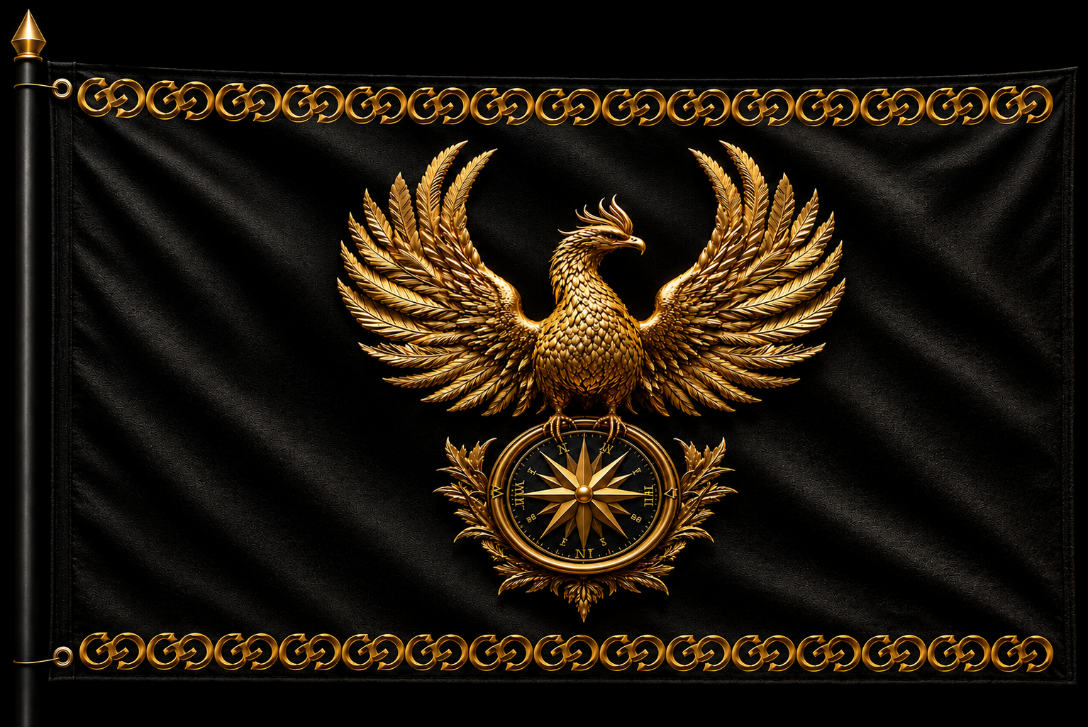 The Gualahani flag flying from a black and gold staff