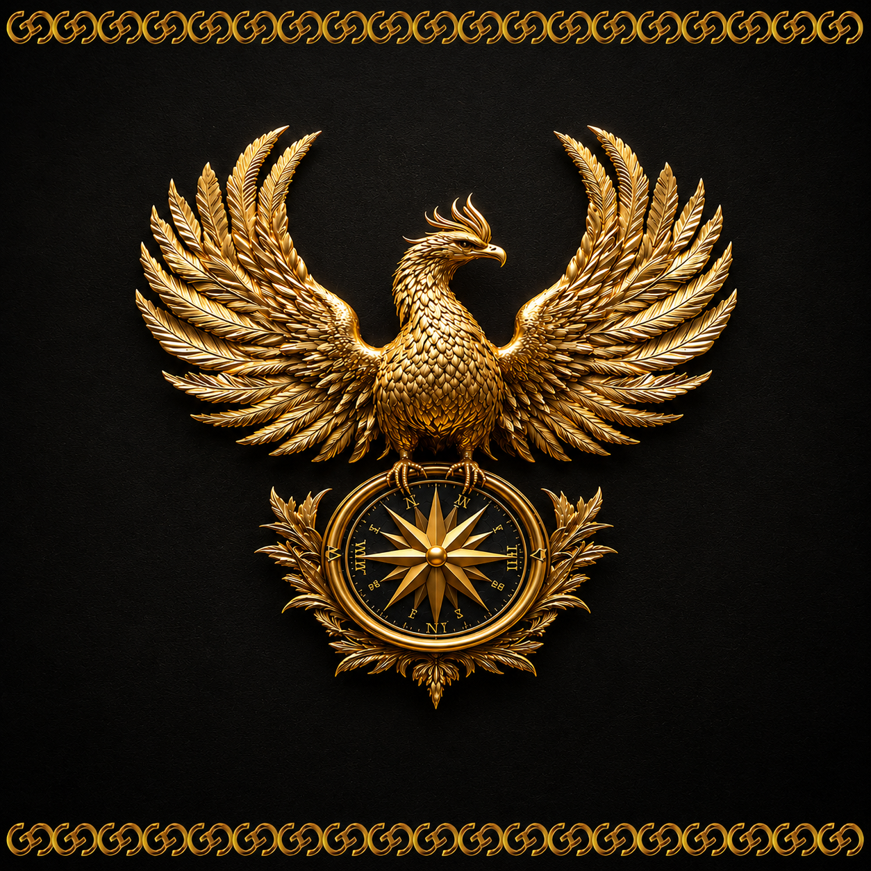 The Gualahani emblem: golden phoenix perched on a compass rose
